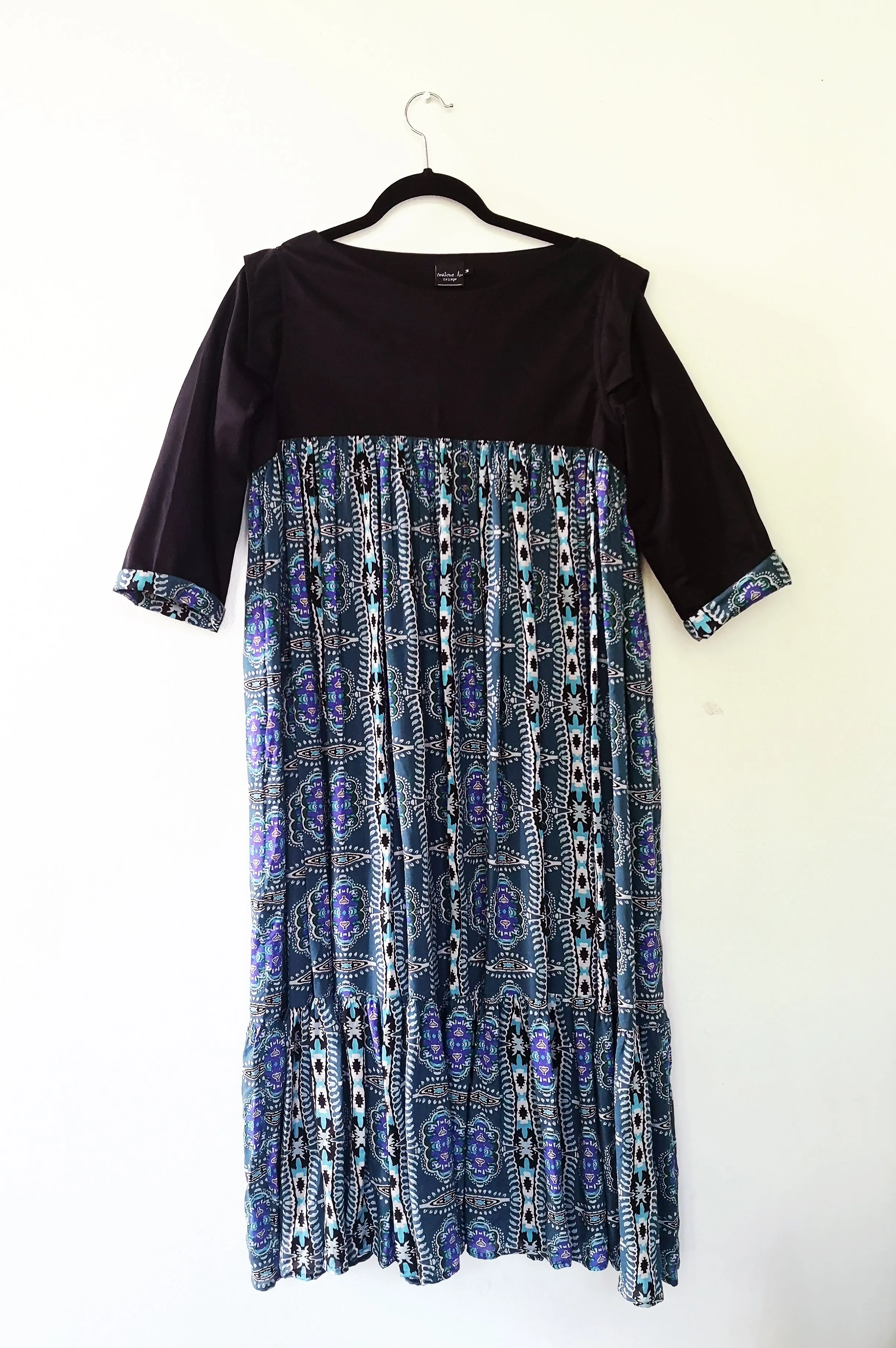 Fun and Comfy Ruffle Dress with Light Sea Green Pattern Fabric and 3/4 Sleeves