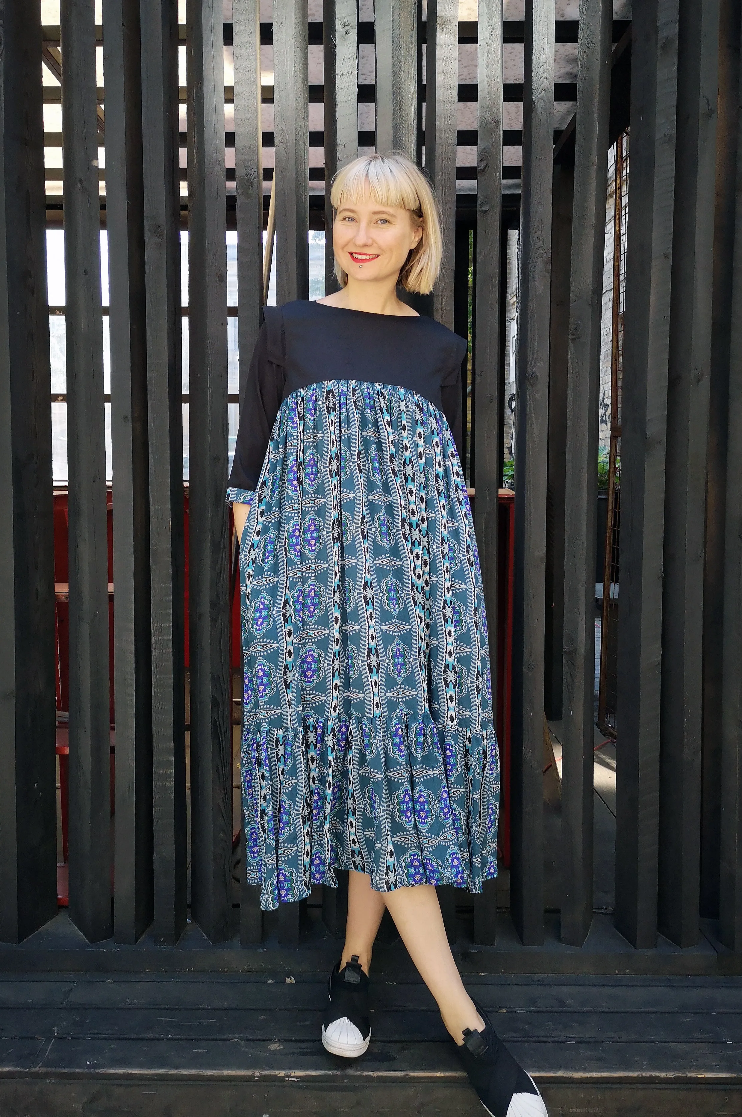 Fun and Comfy Ruffle Dress with Light Sea Green Pattern Fabric and 3/4 Sleeves