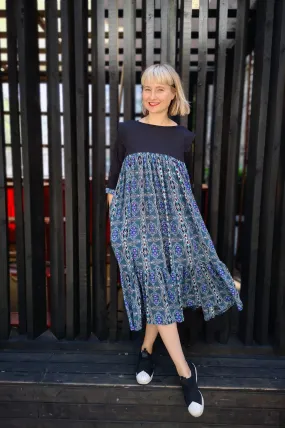 Fun and Comfy Ruffle Dress with Light Sea Green Pattern Fabric and 3/4 Sleeves