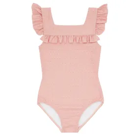 girls camellia pink dot square neck ruffle one piece