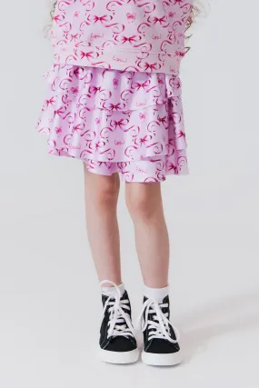 Girls Hi-Shine Tiered Skirt in Pink Bows