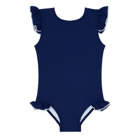 girls navy with white trim ruffle sleeve rashguard one piece