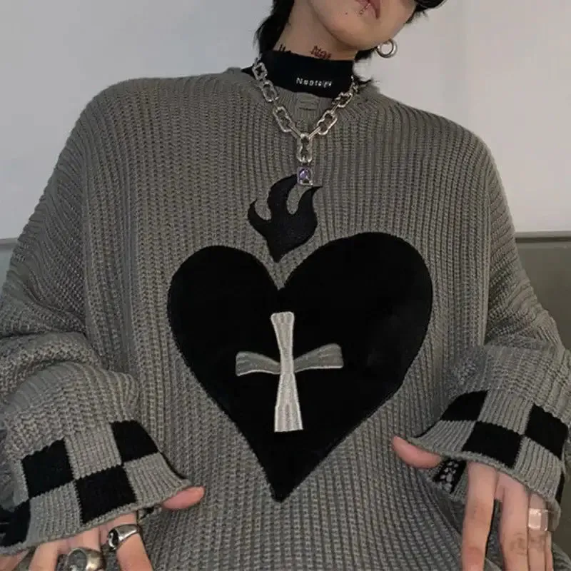 Gothic Oversized Heart Knitted Long Sleeve Sweatshirt