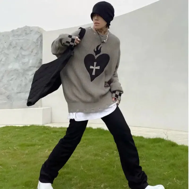 Gothic Oversized Heart Knitted Long Sleeve Sweatshirt