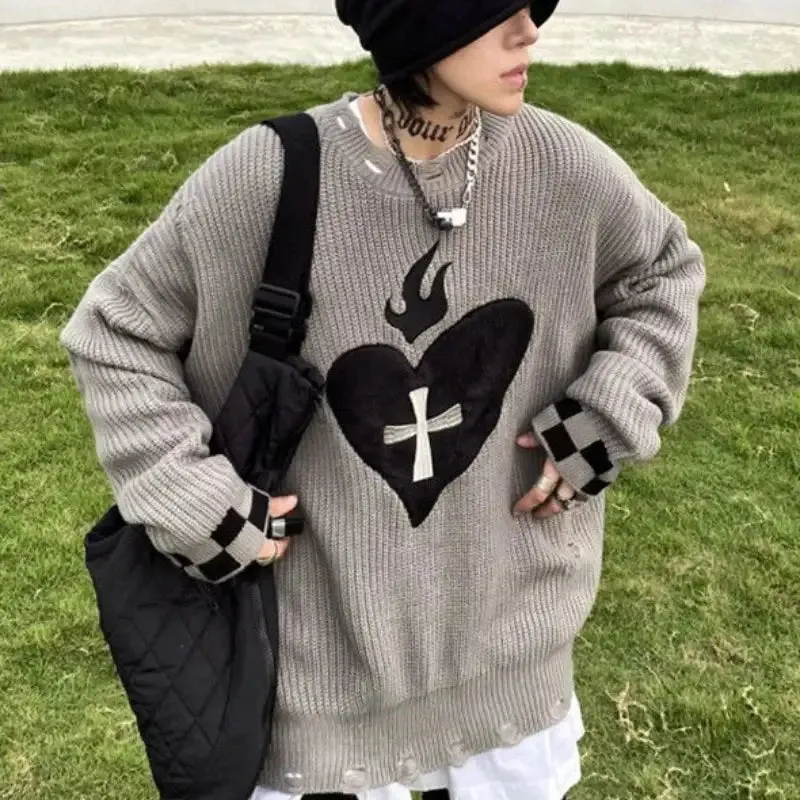 Gothic Oversized Heart Knitted Long Sleeve Sweatshirt