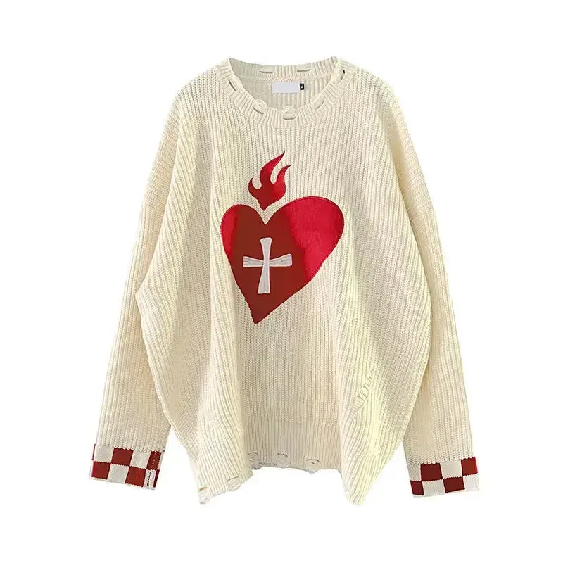 Gothic Oversized Heart Knitted Long Sleeve Sweatshirt