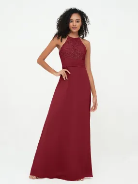 Halter Lace Top and Chiffon Open Back Dresses Burgundy Plus Size