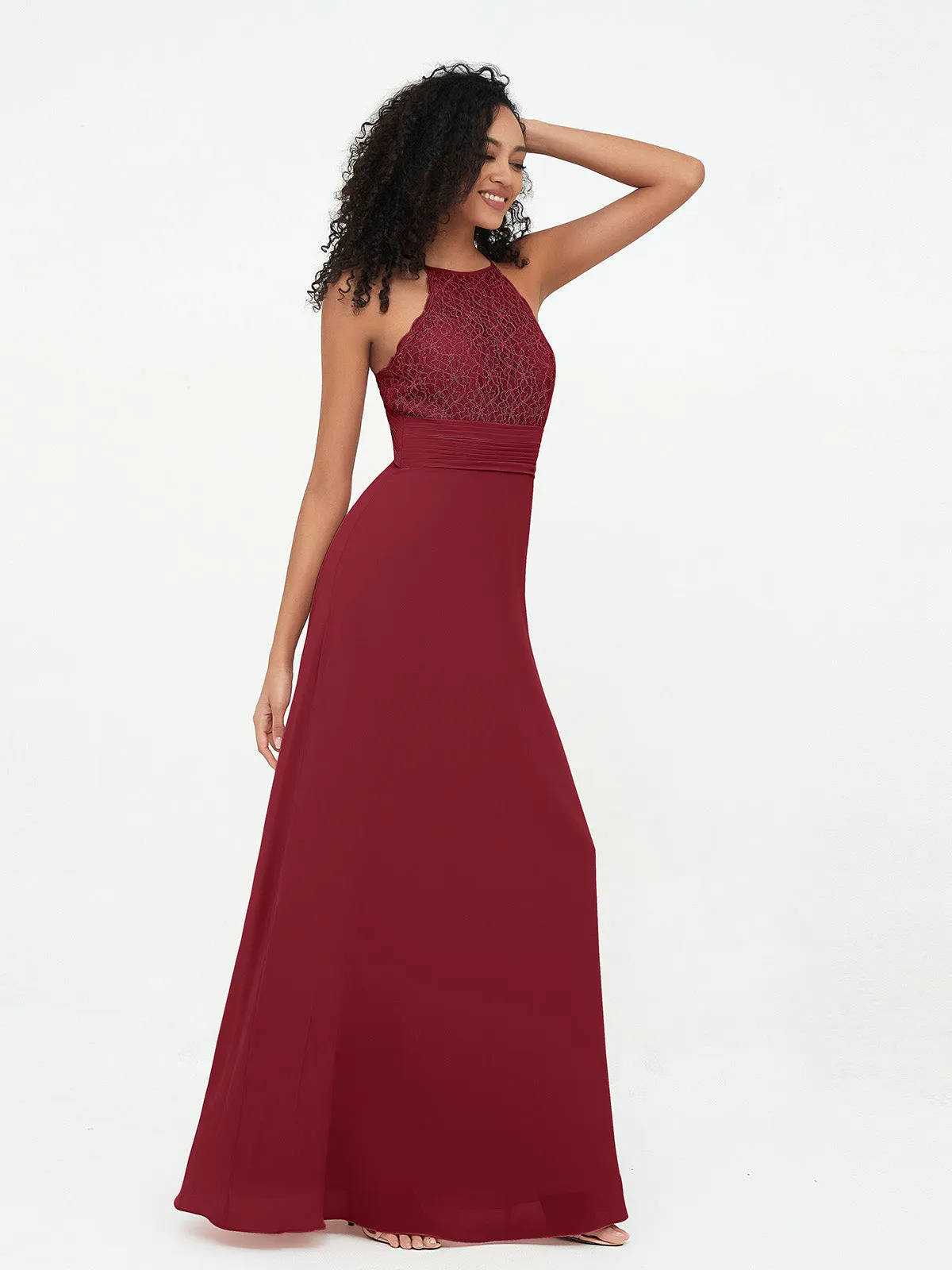 Halter Lace Top and Chiffon Open Back Dresses Burgundy Plus Size