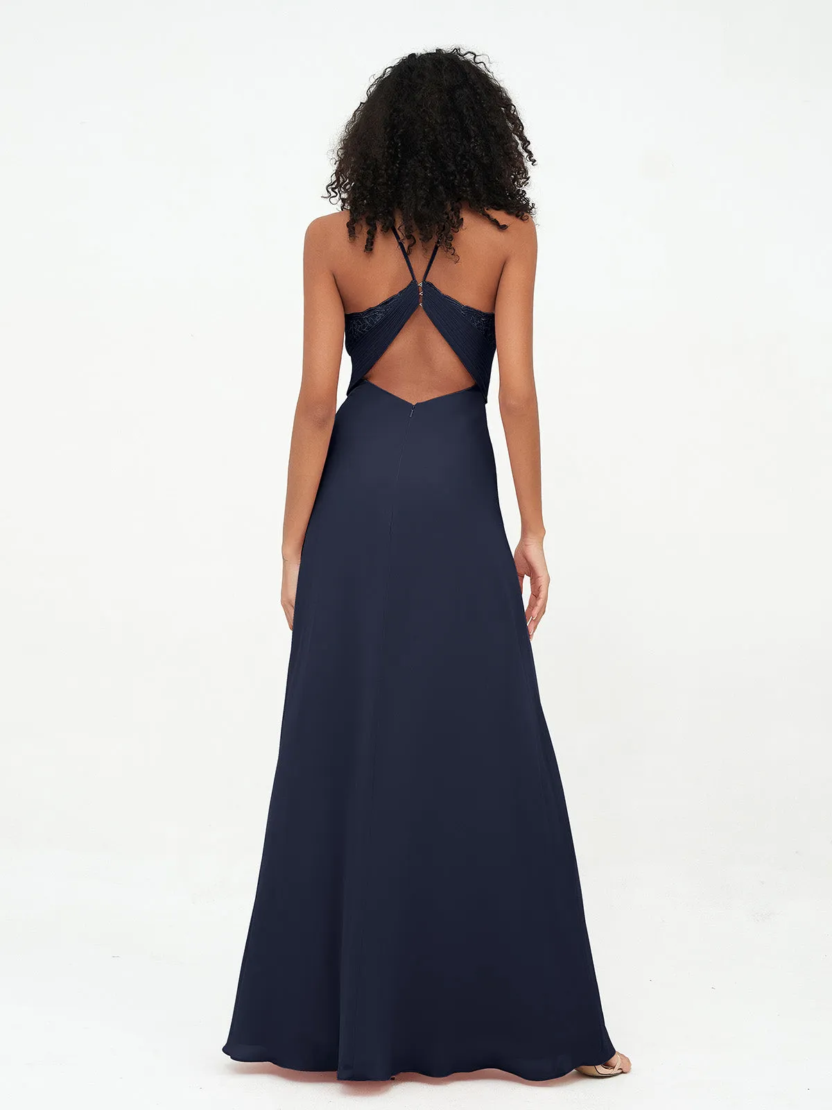 Halter Lace Top and Chiffon Open Back Dresses Dark Navy Plus Size