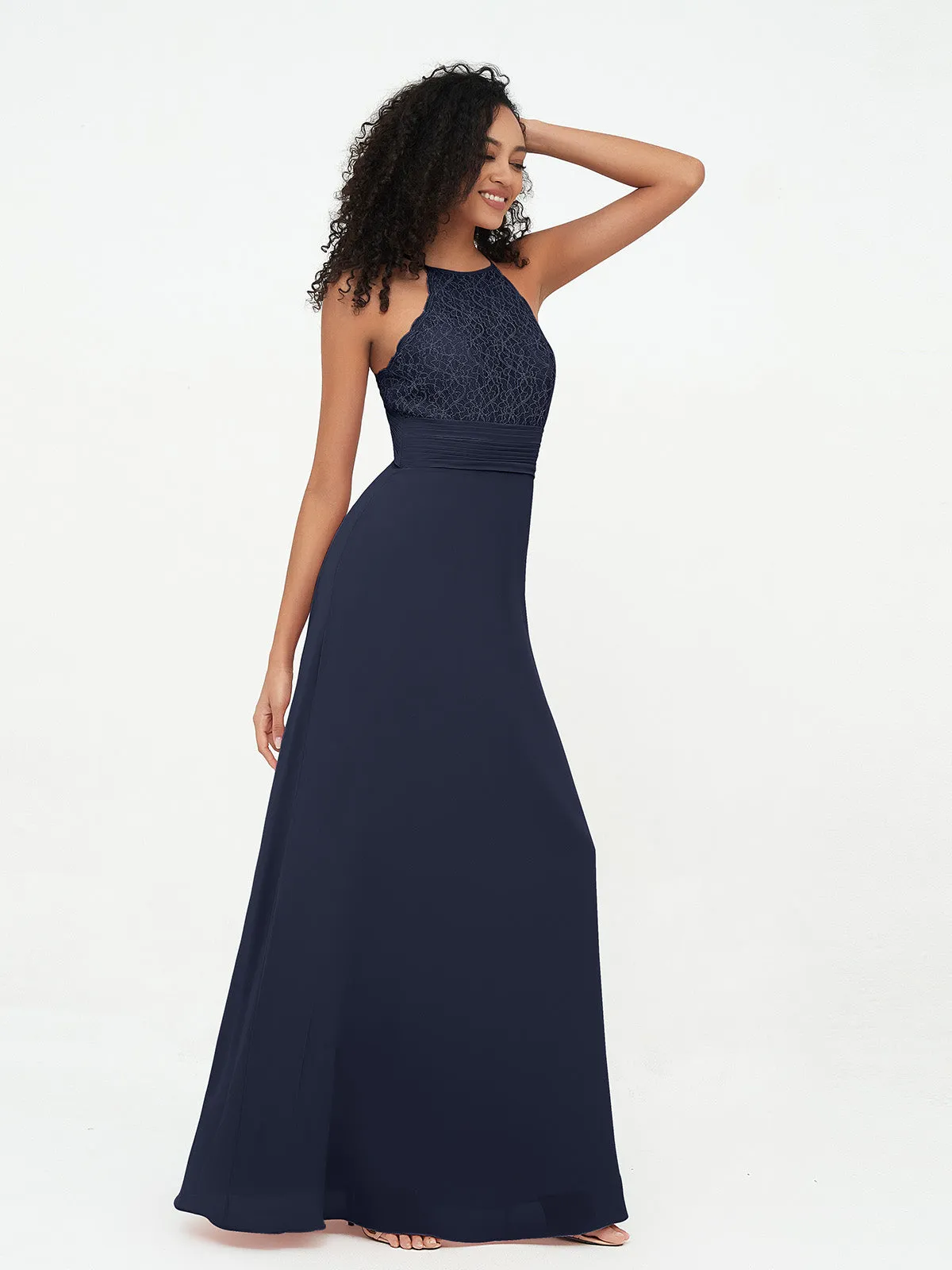Halter Lace Top and Chiffon Open Back Dresses Dark Navy Plus Size