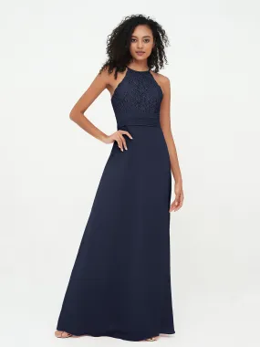 Halter Lace Top and Chiffon Open Back Dresses Dark Navy Plus Size