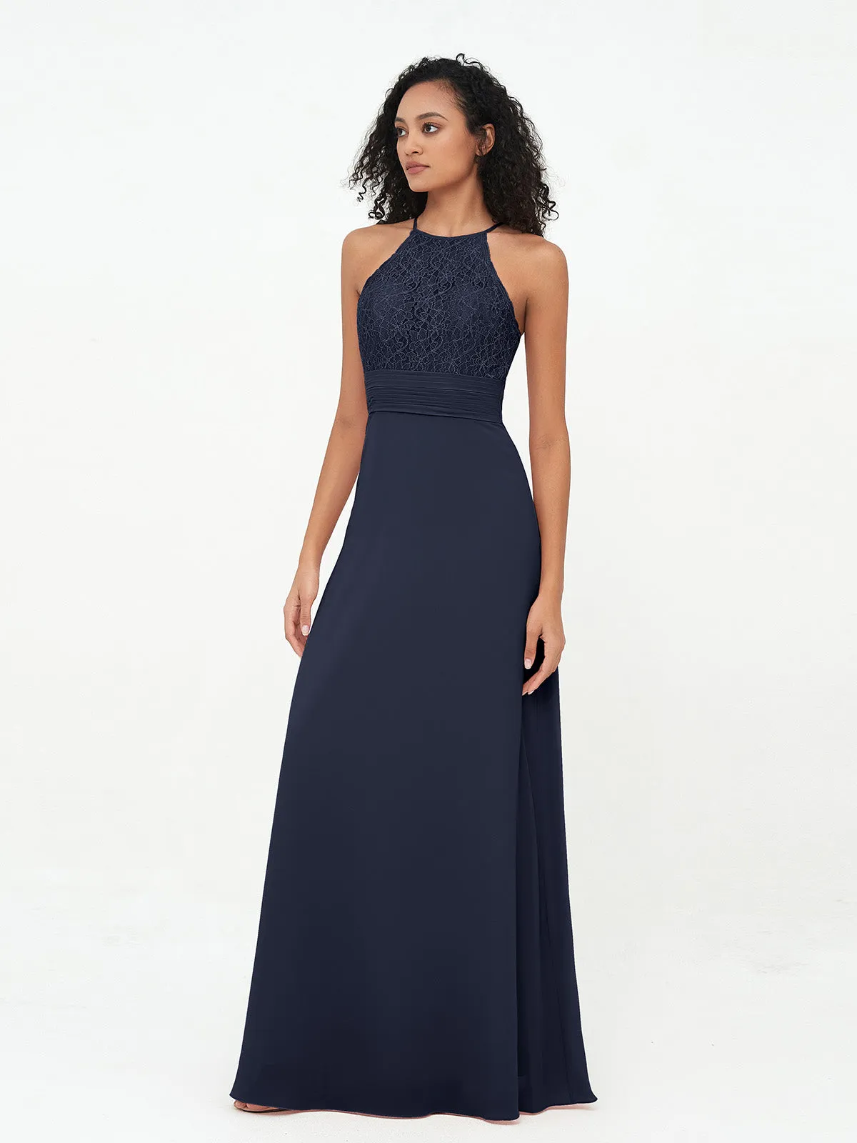 Halter Lace Top and Chiffon Open Back Dresses Dark Navy Plus Size