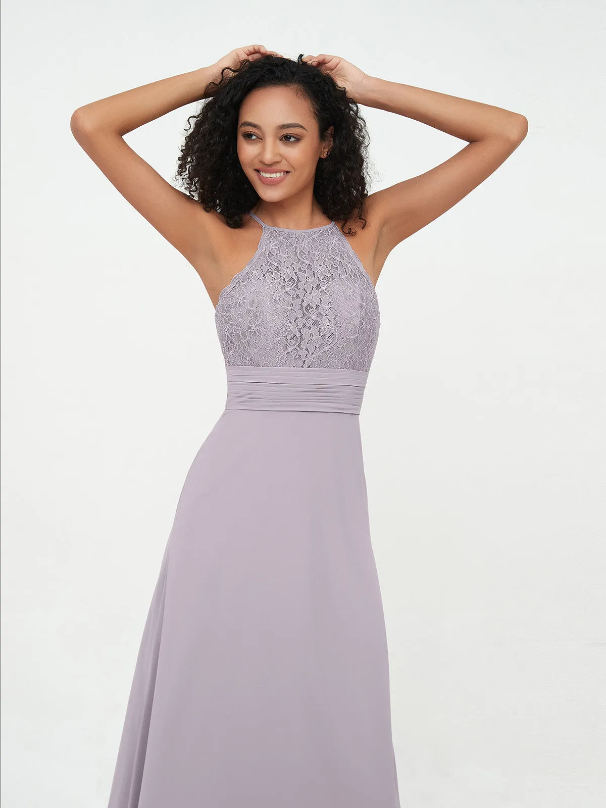 Halter Lace Top and Chiffon Open Back Dresses Dusk Plus Size