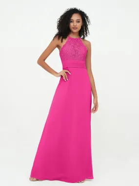 Halter Lace Top and Chiffon Open Back Dresses Fuchsia Plus Size