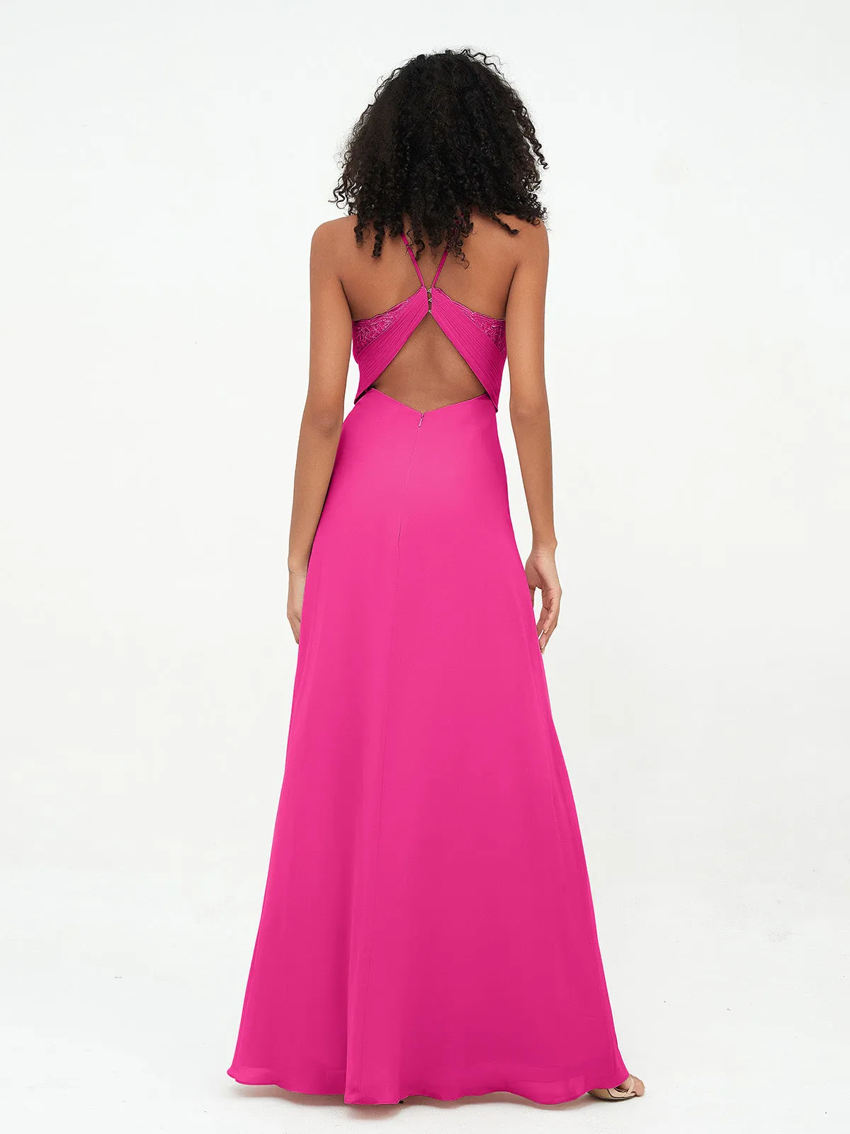 Halter Lace Top and Chiffon Open Back Dresses Fuchsia Plus Size