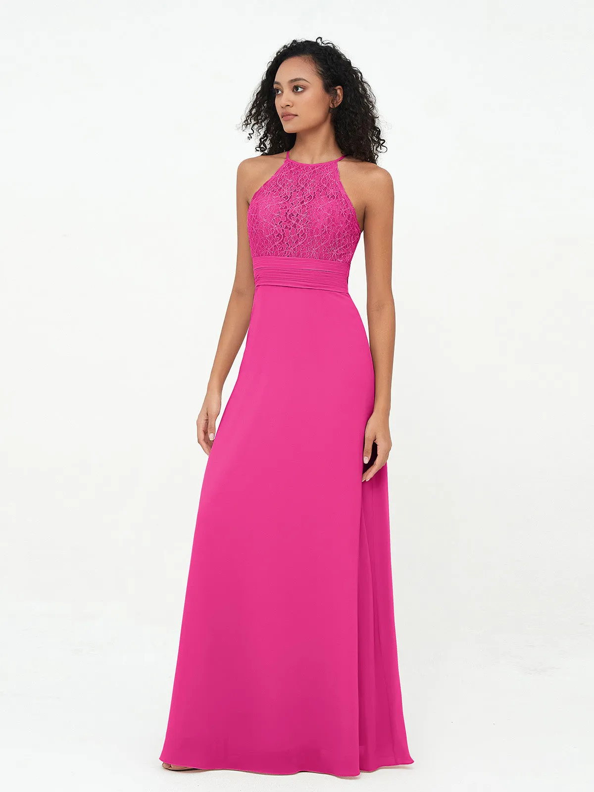 Halter Lace Top and Chiffon Open Back Dresses Fuchsia Plus Size