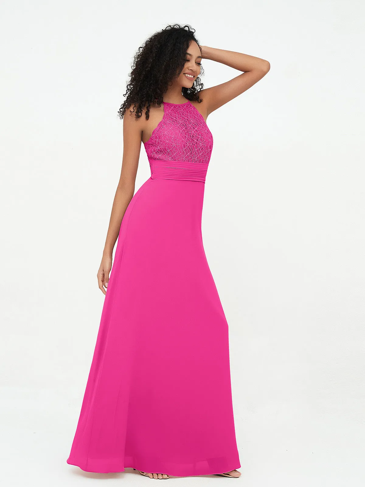Halter Lace Top and Chiffon Open Back Dresses Fuchsia Plus Size