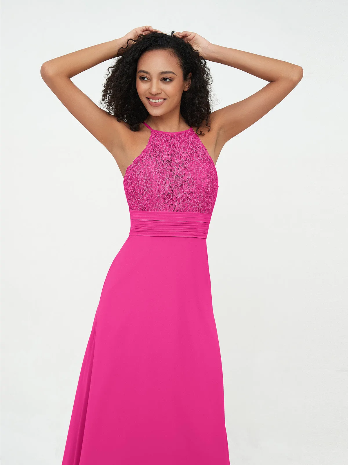 Halter Lace Top and Chiffon Open Back Dresses Fuchsia Plus Size