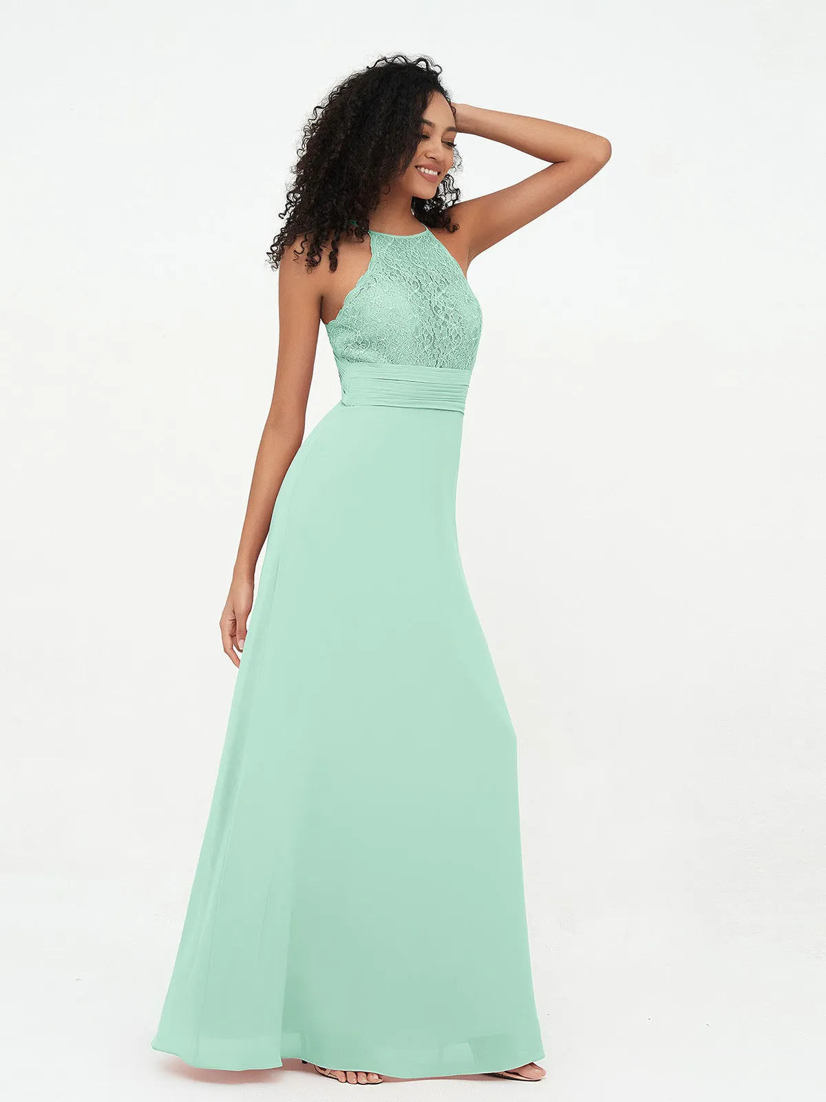 Halter Lace Top and Chiffon Open Back Dresses Mint Green
