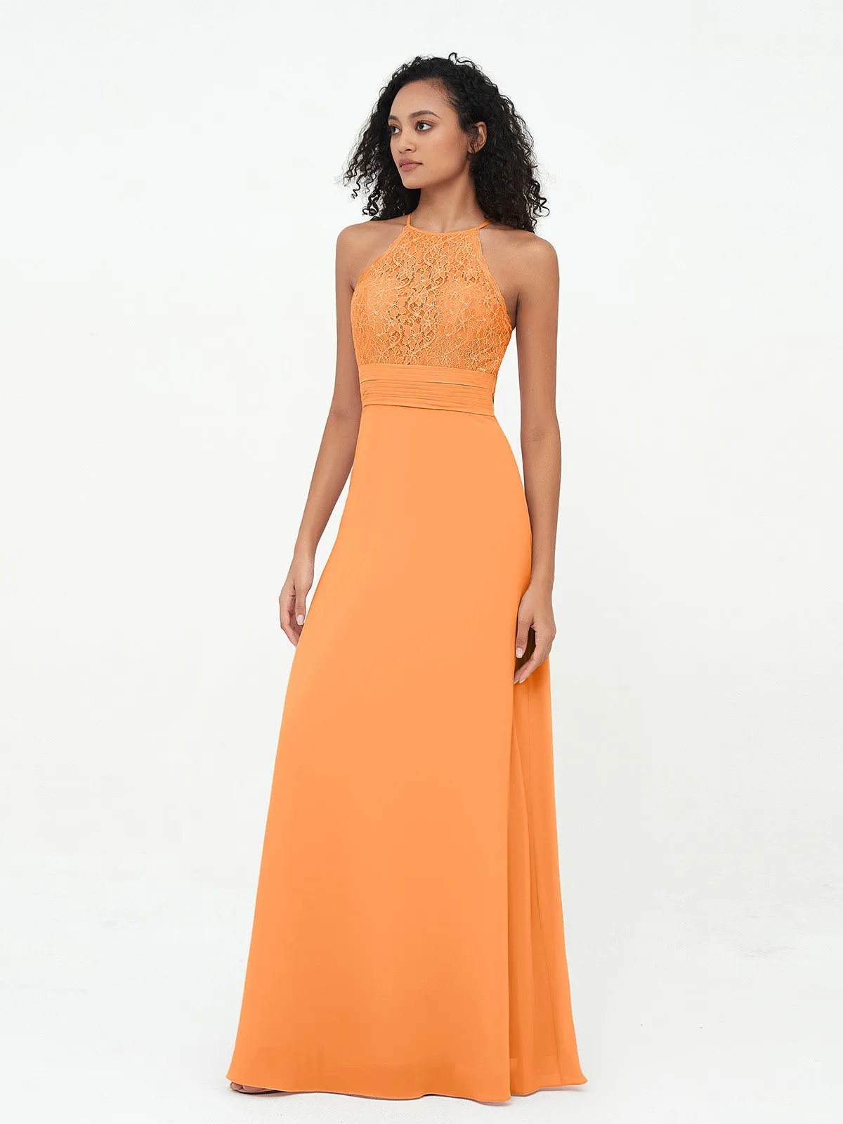 Halter Lace Top and Chiffon Open Back Dresses Orange Plus Size