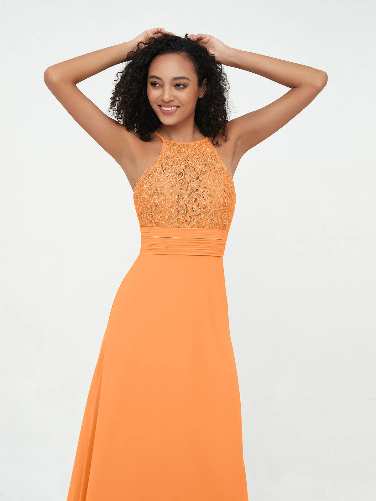 Halter Lace Top and Chiffon Open Back Dresses Orange Plus Size