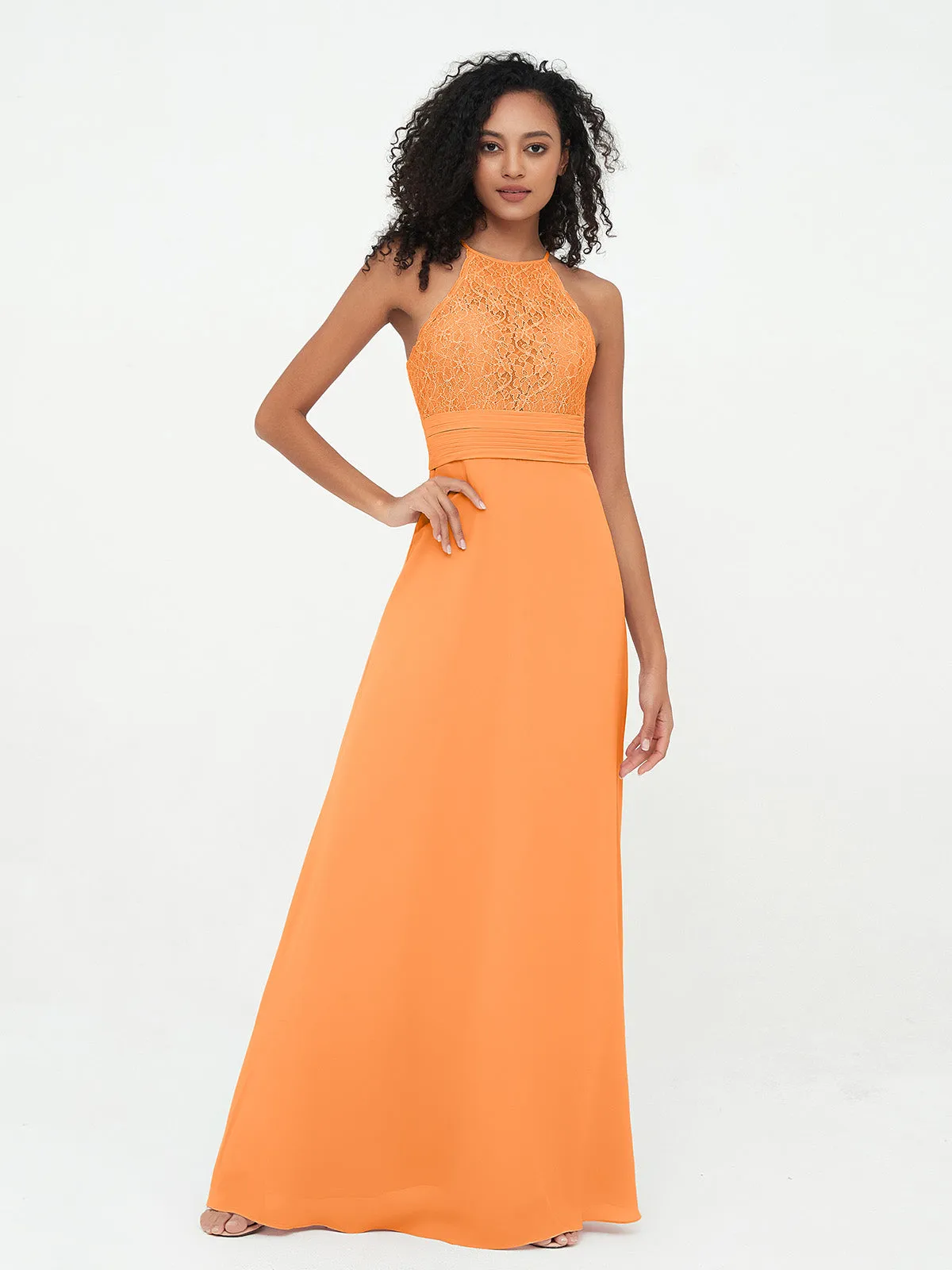 Halter Lace Top and Chiffon Open Back Dresses Orange Plus Size