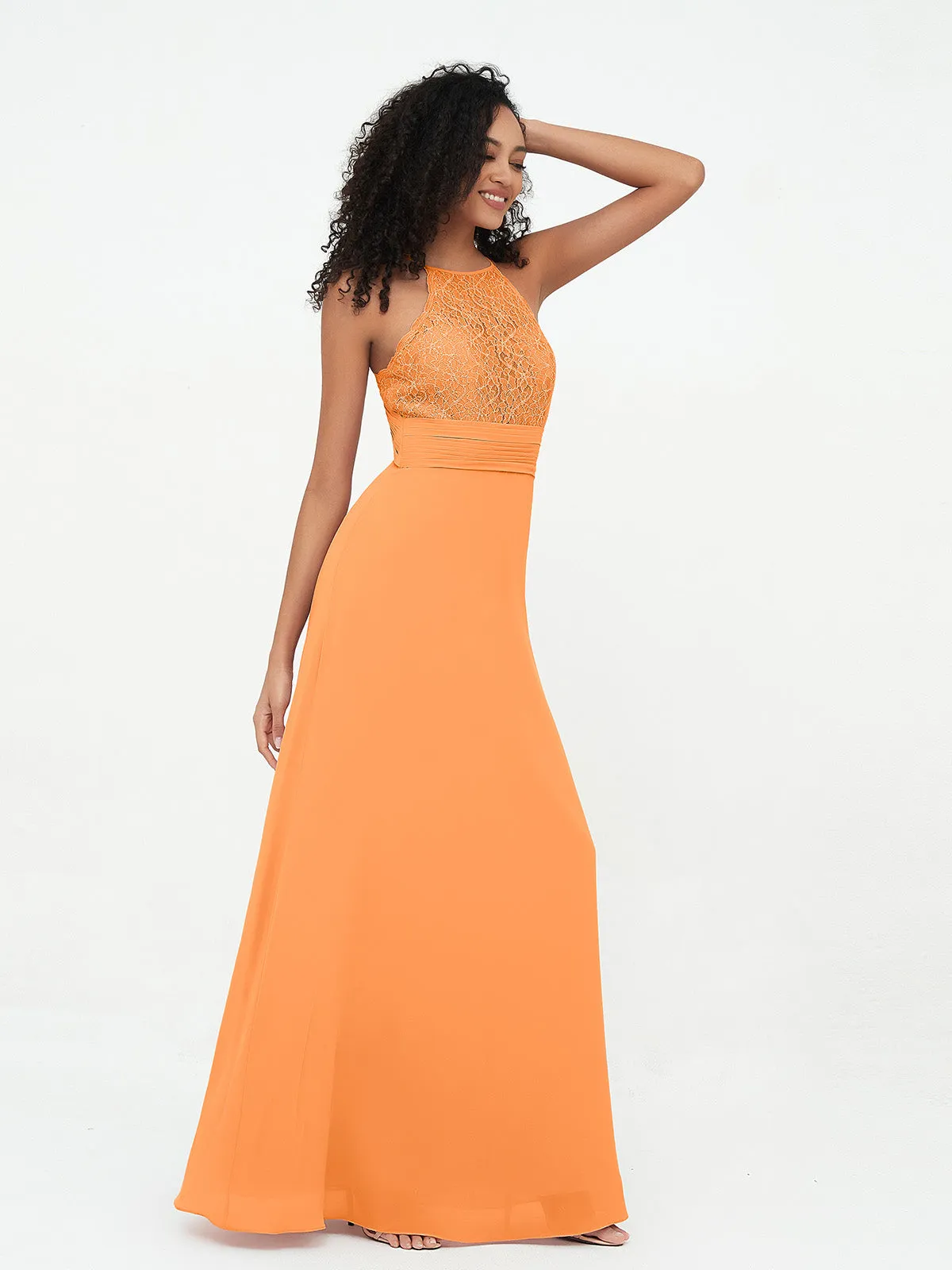 Halter Lace Top and Chiffon Open Back Dresses Orange Plus Size