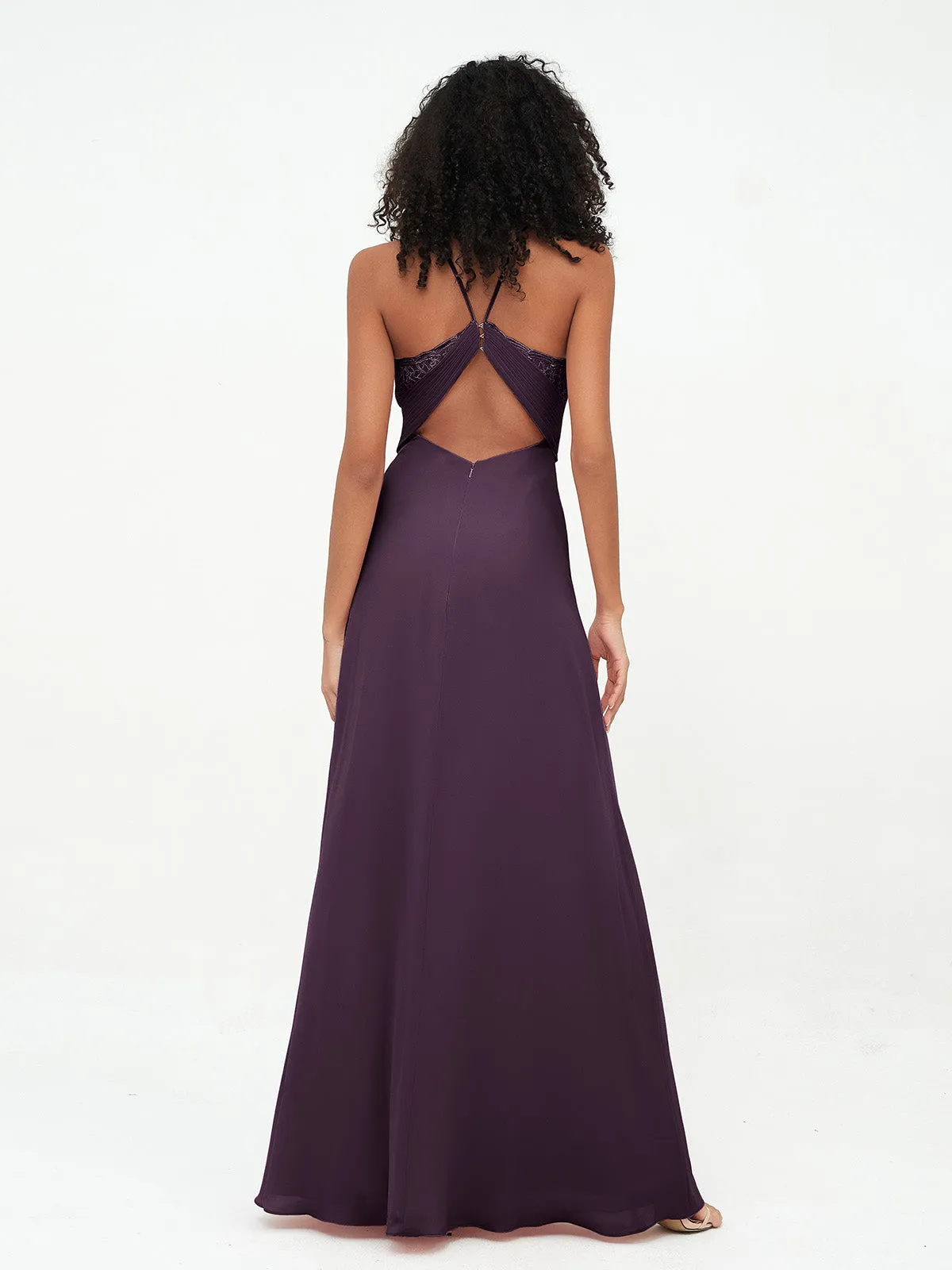 Halter Lace Top and Chiffon Open Back Dresses Plum Plus Size