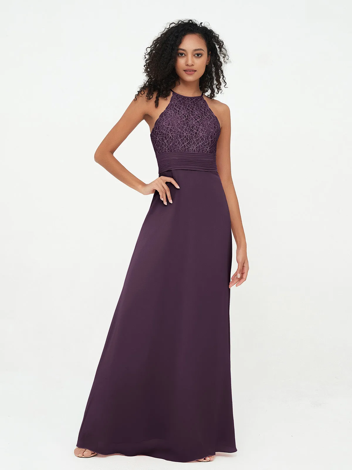 Halter Lace Top and Chiffon Open Back Dresses Plum Plus Size