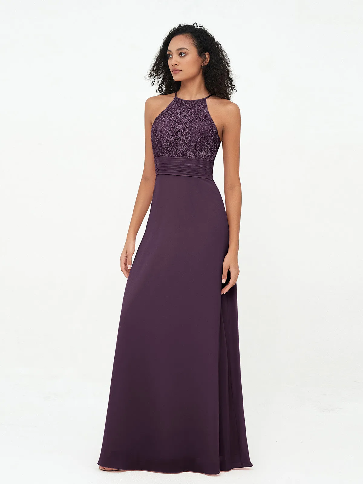 Halter Lace Top and Chiffon Open Back Dresses Plum Plus Size