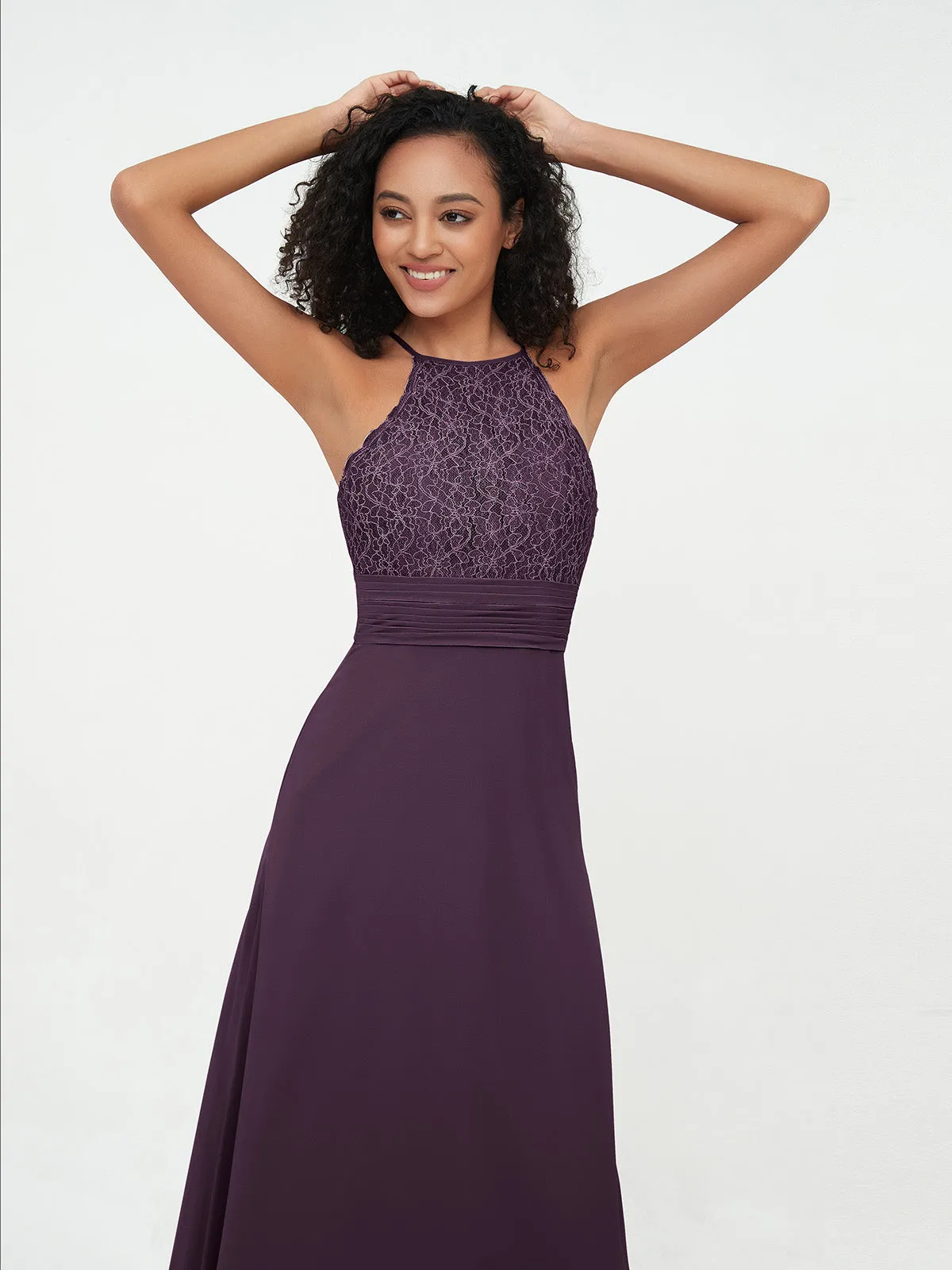 Halter Lace Top and Chiffon Open Back Dresses Plum Plus Size