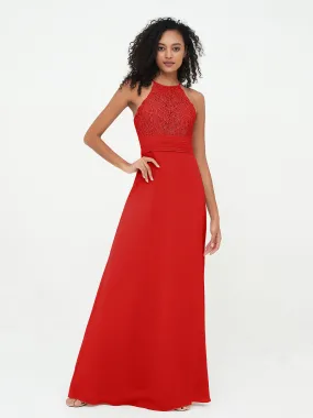 Halter Lace Top and Chiffon Open Back Dresses Red Plus Size