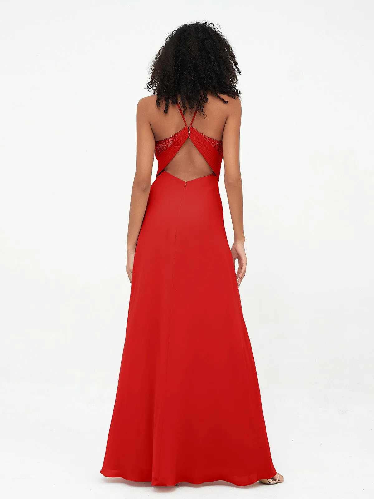 Halter Lace Top and Chiffon Open Back Dresses Red Plus Size