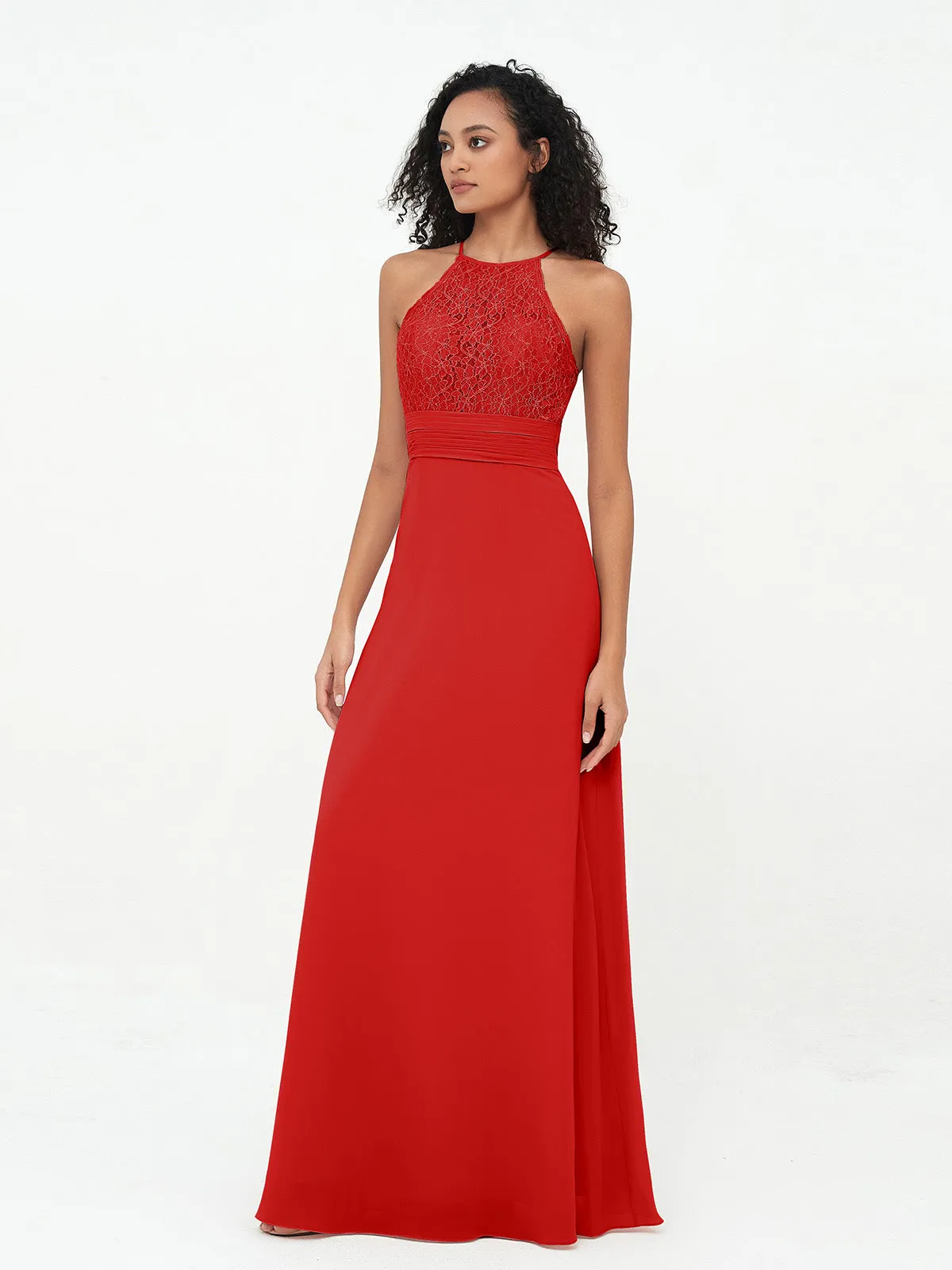Halter Lace Top and Chiffon Open Back Dresses Red Plus Size