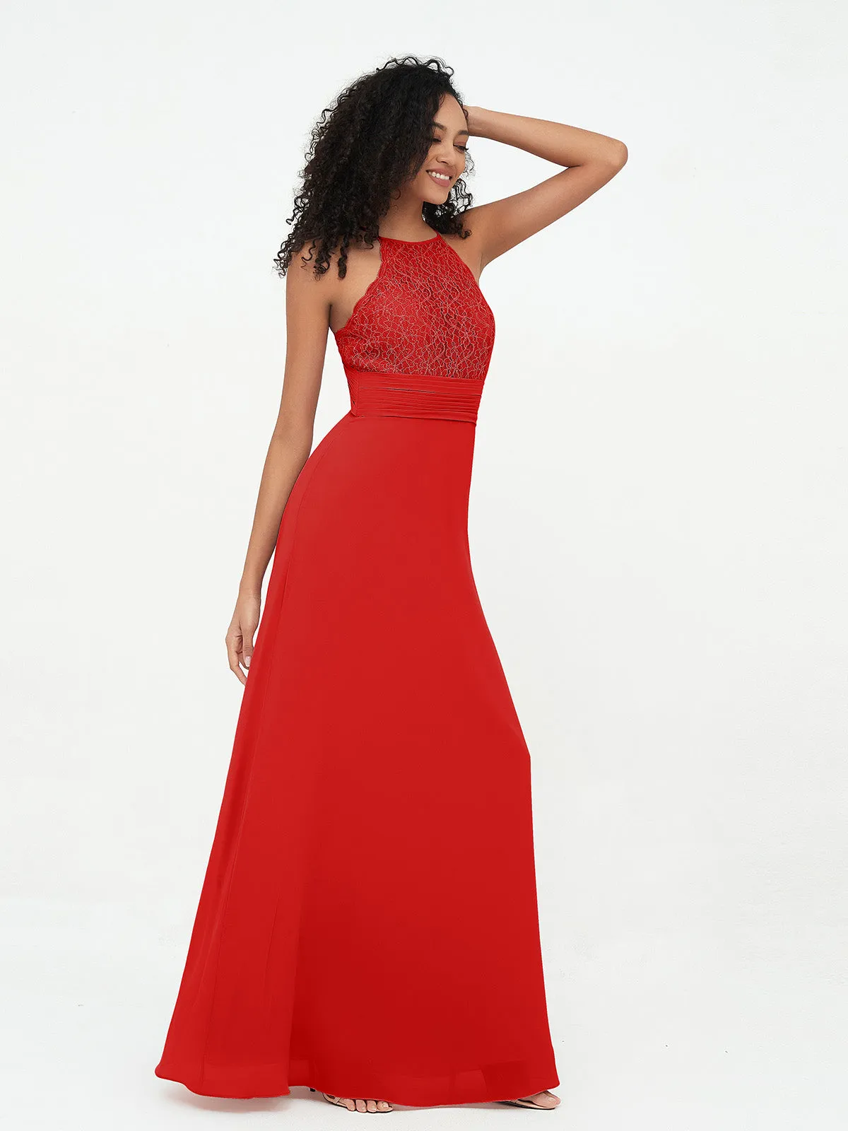 Halter Lace Top and Chiffon Open Back Dresses Red Plus Size