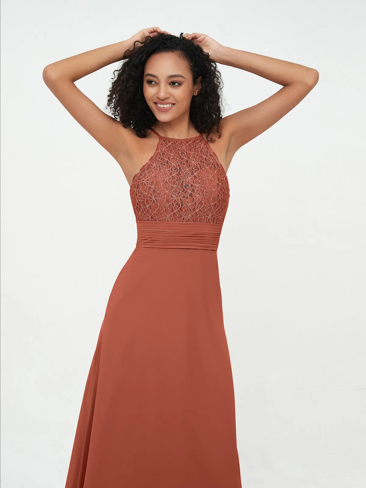 Halter Lace Top and Chiffon Open Back Dresses Rust Plus Size