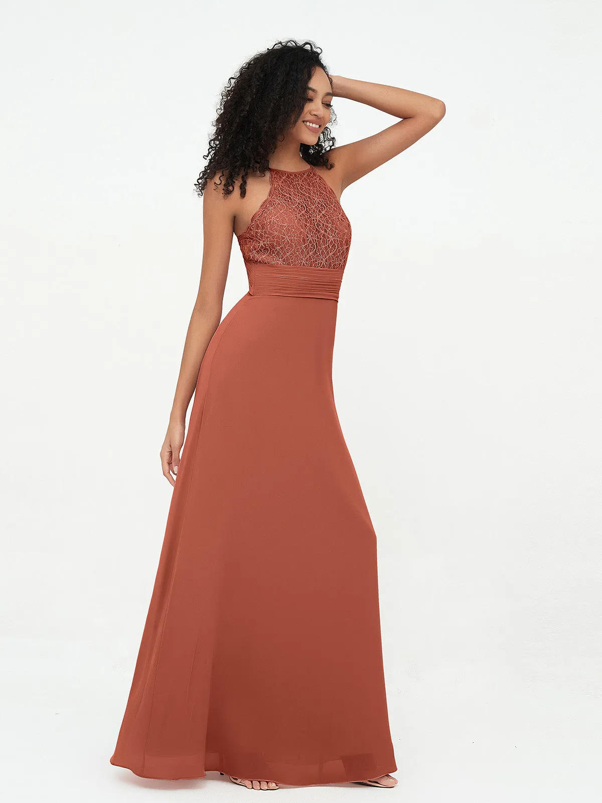 Halter Lace Top and Chiffon Open Back Dresses Rust Plus Size