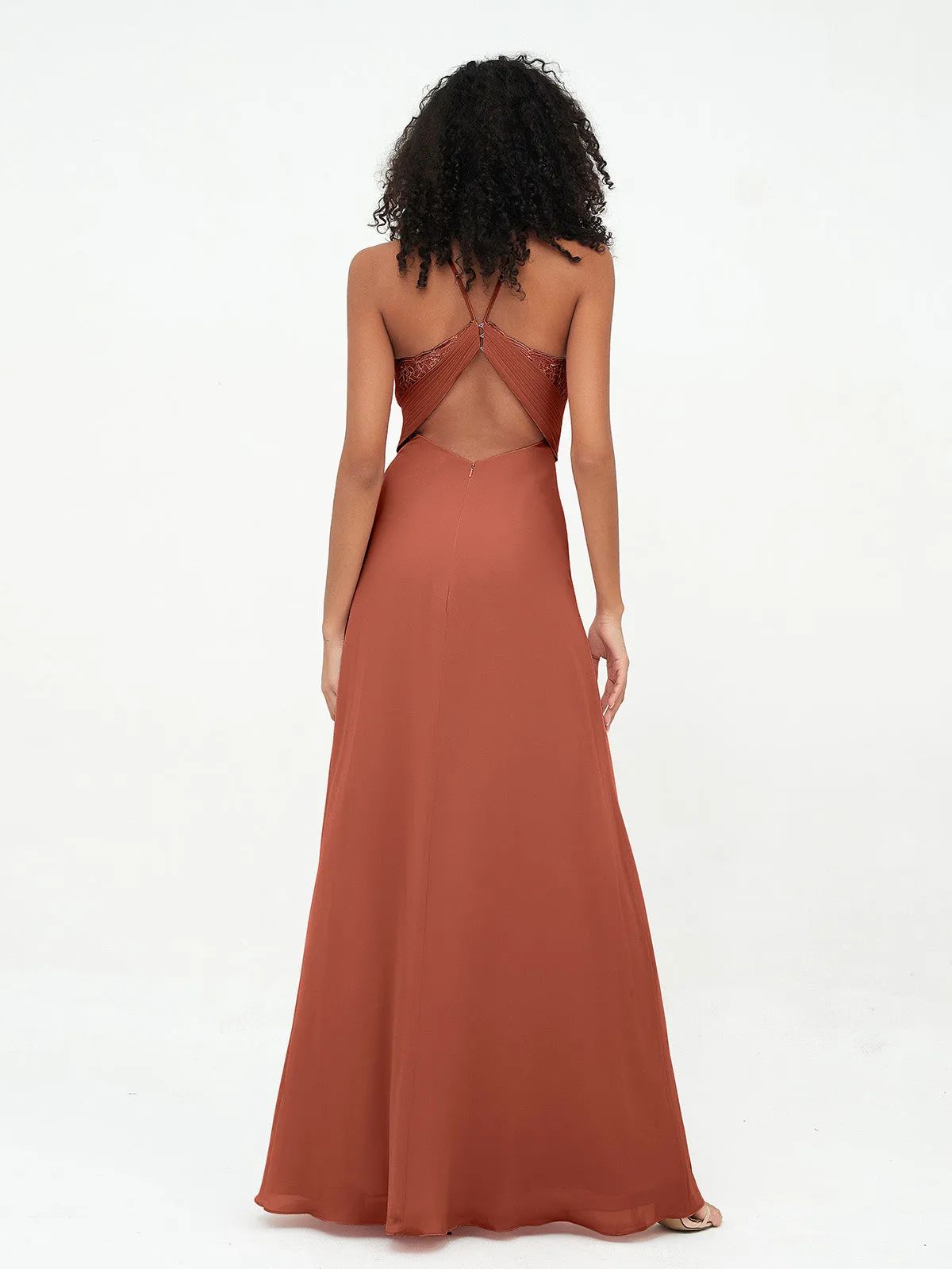 Halter Lace Top and Chiffon Open Back Dresses Rust Plus Size