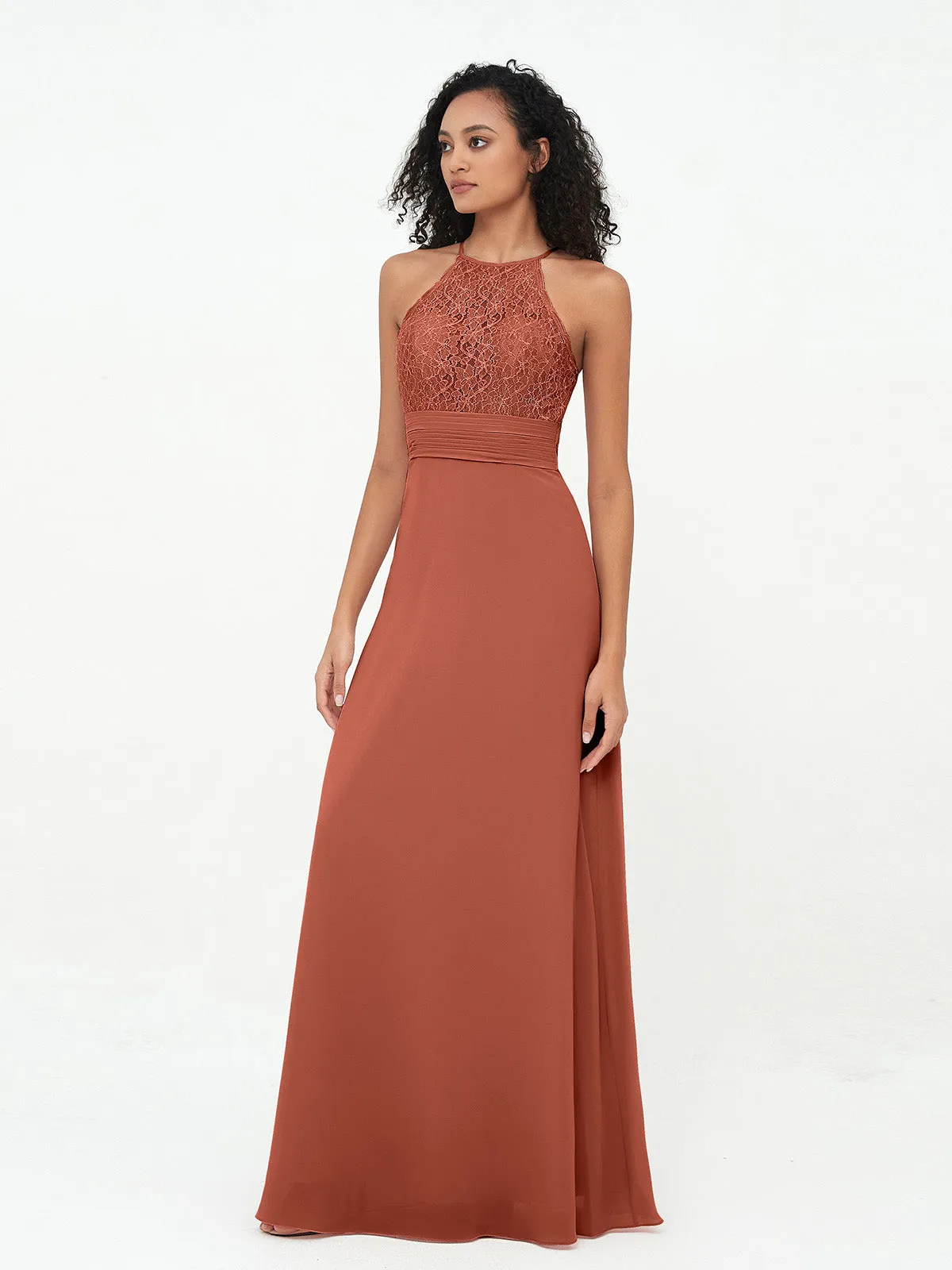 Halter Lace Top and Chiffon Open Back Dresses Rust Plus Size