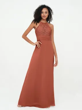 Halter Lace Top and Chiffon Open Back Dresses Rust Plus Size
