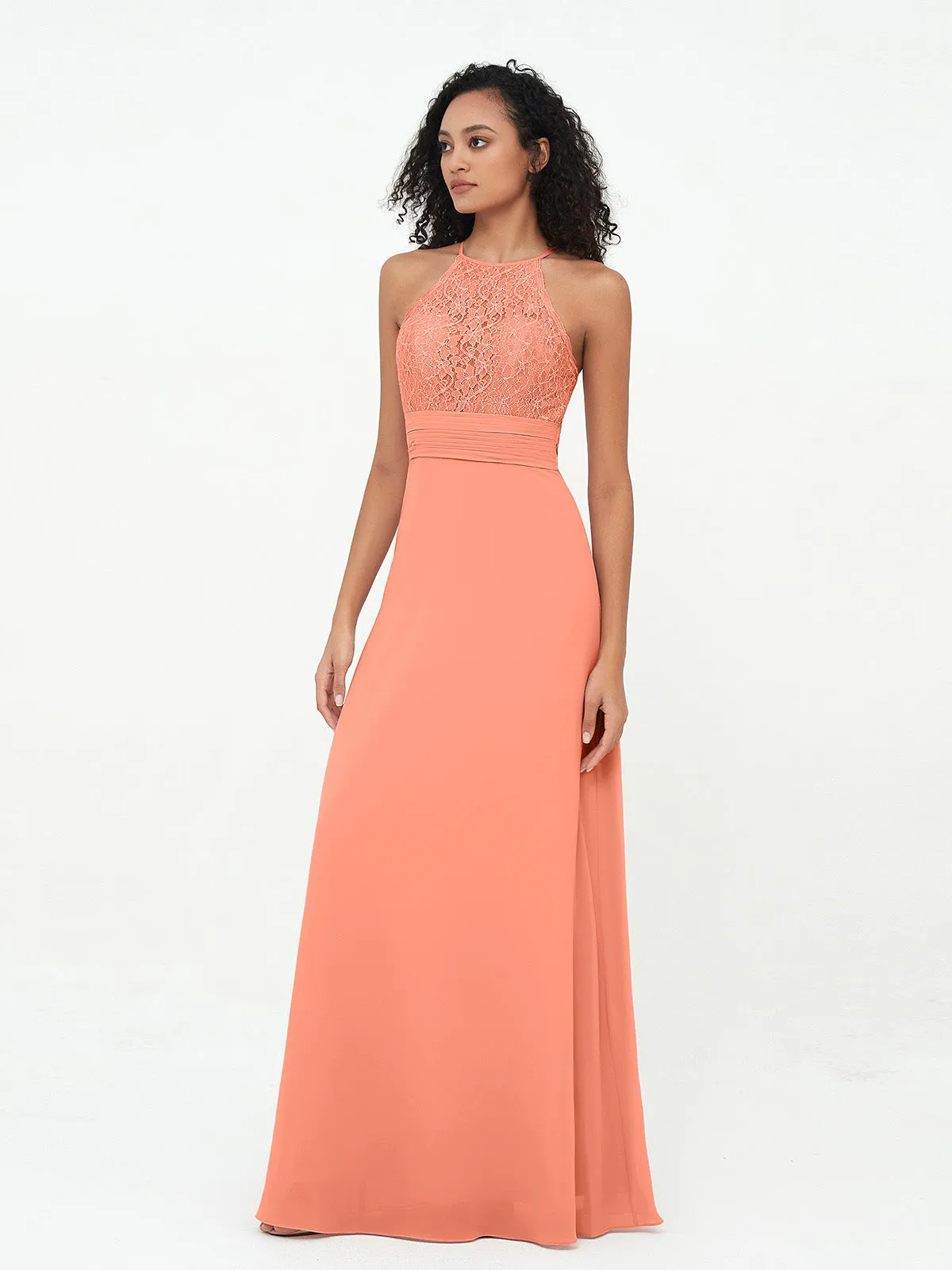 Halter Lace Top and Chiffon Open Back Dresses Sunset