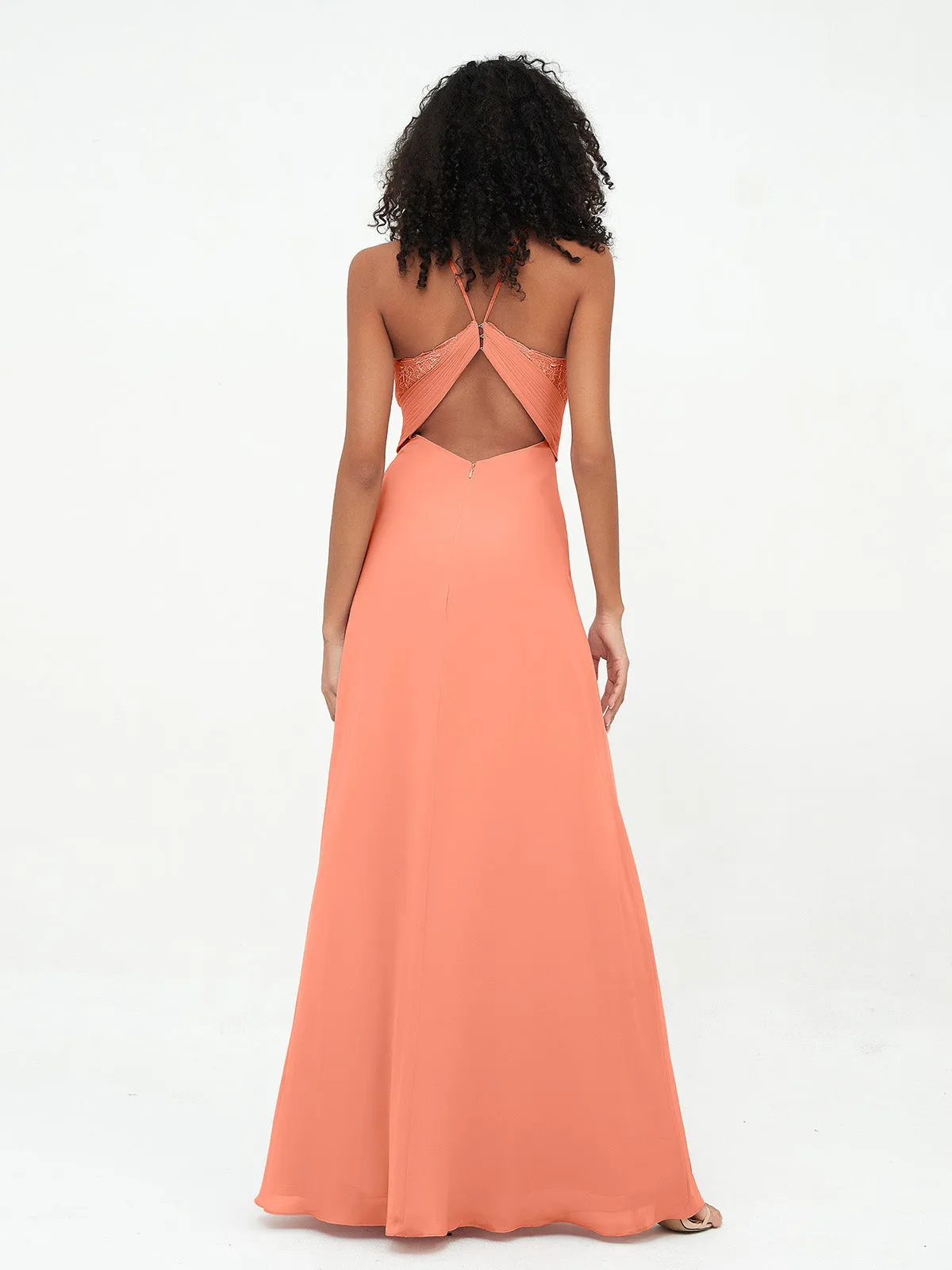 Halter Lace Top and Chiffon Open Back Dresses Sunset