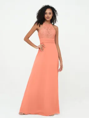 Halter Lace Top and Chiffon Open Back Dresses Sunset