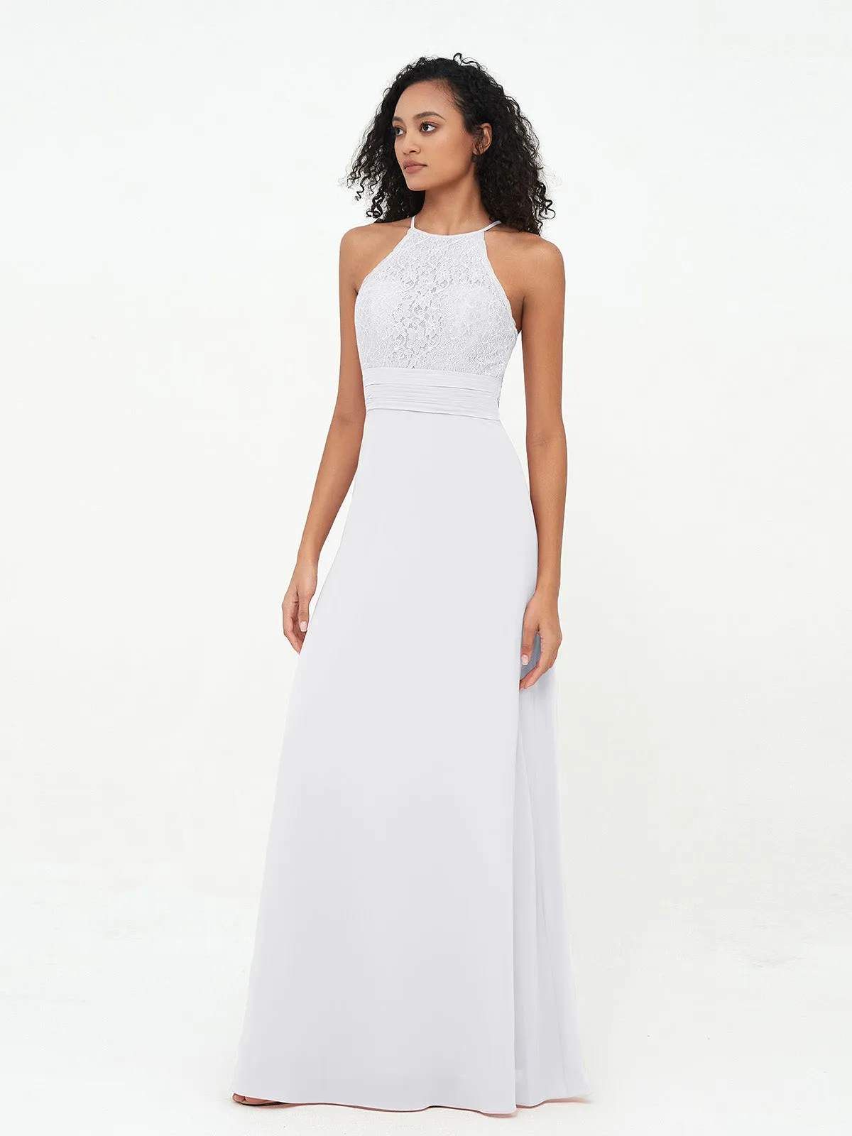Halter Lace Top and Chiffon Open Back Dresses White