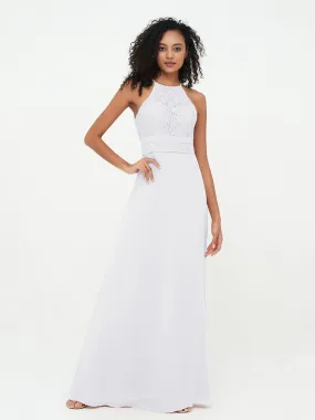 Halter Lace Top and Chiffon Open Back Dresses White