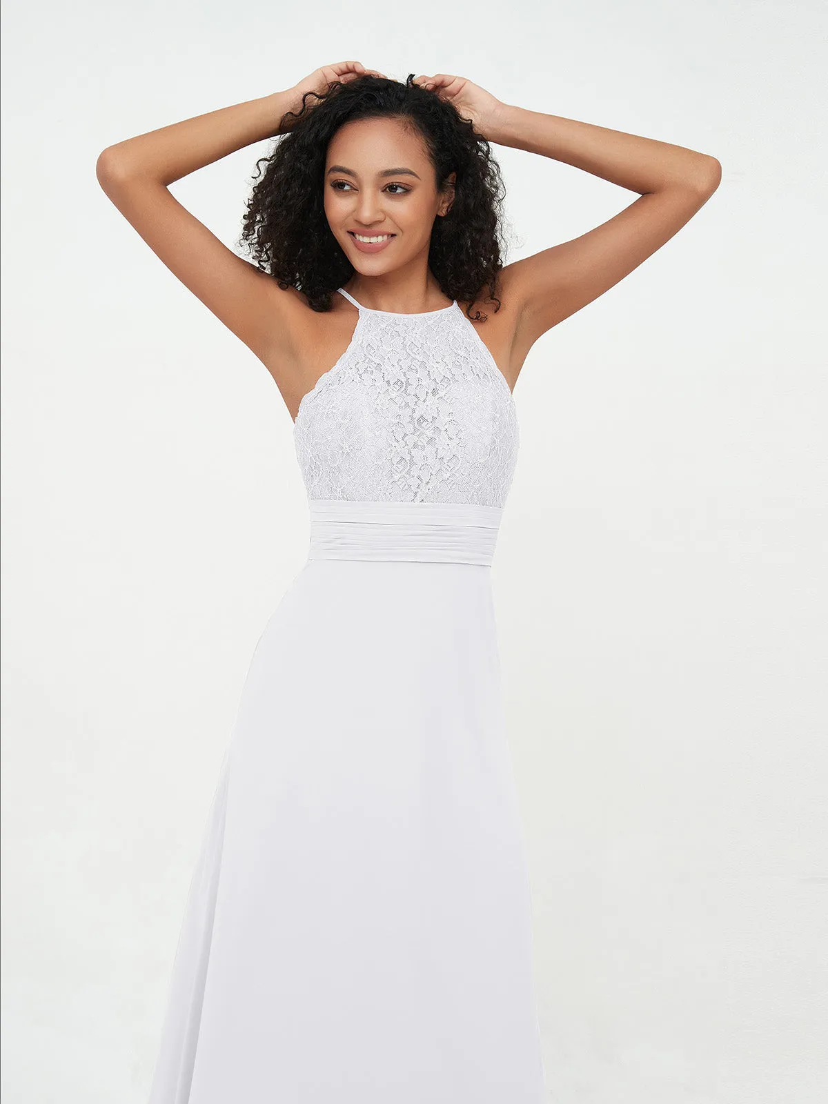 Halter Lace Top and Chiffon Open Back Dresses White