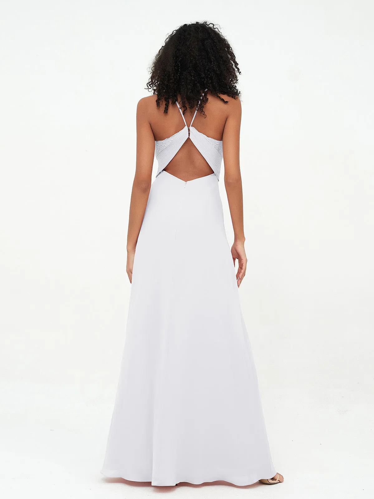 Halter Lace Top and Chiffon Open Back Dresses White