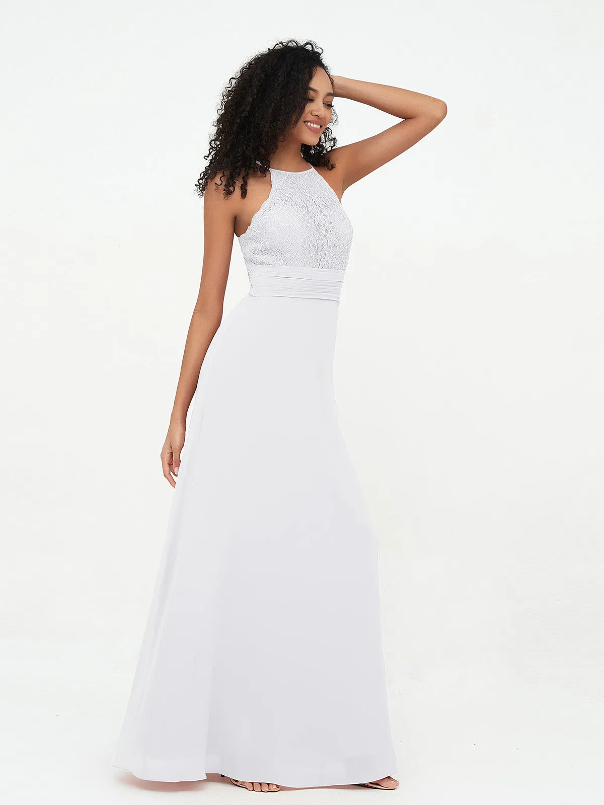 Halter Lace Top and Chiffon Open Back Dresses White