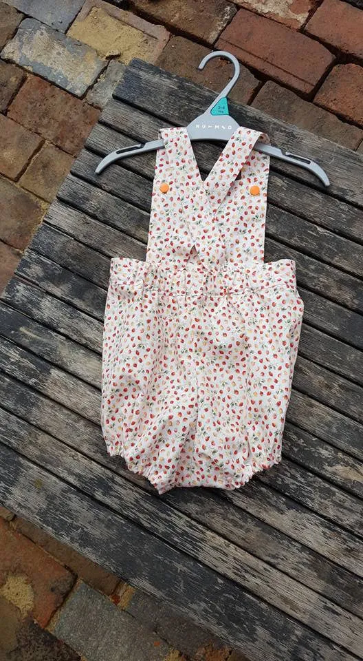Handmade baby romper to fit 6 months upwards, 100%  cotton strawberry print.