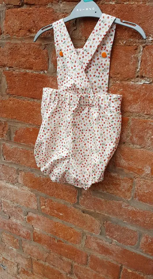 Handmade baby romper to fit 6 months upwards, 100%  cotton strawberry print.